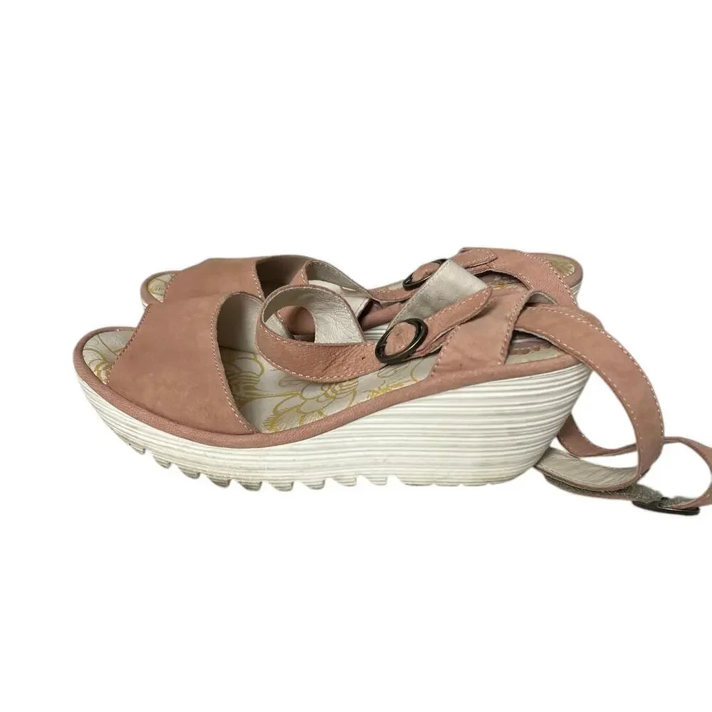 Fly London Women's Pinkish Open Toe Ankle Strap Wedge Sandal 39
